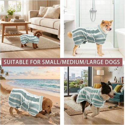 Fast‑Drying Dog Bathrobe, Absorbent Striped Pet Towel, Green, M